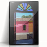 Large abstract wall art depicting a vibrant, stylized Central American landscape on a black framed acrylic.