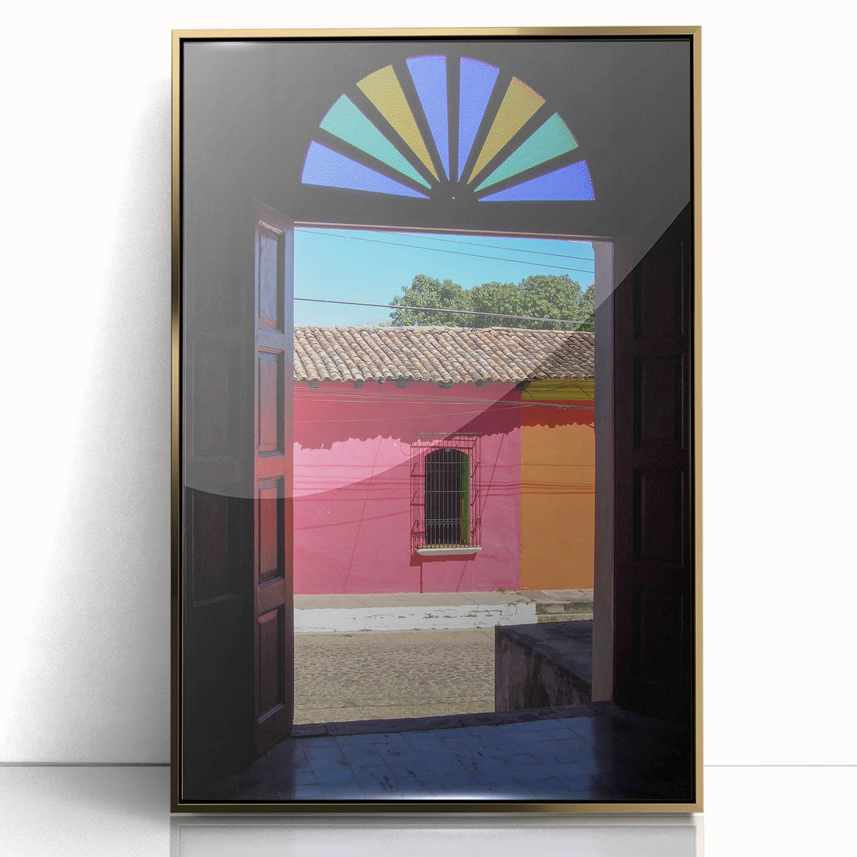 Large art print of a mid-century modernist Central American landscape in gold frame, ideal for modern art wall decor.
