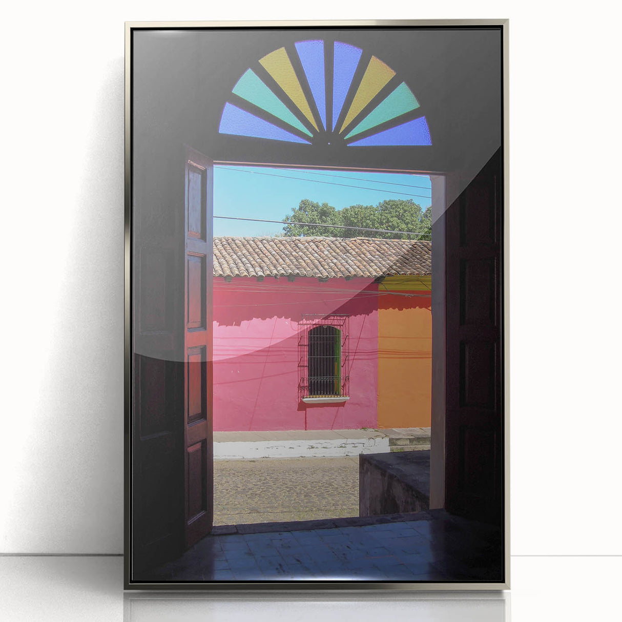 Mid-century modernist art of a Salvadoran landscape in acrylic, framed in silver, ideal for nursery wall decor.
