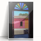 Acrylic print of a Central American landscape in muted green and blue tones, framed in white.