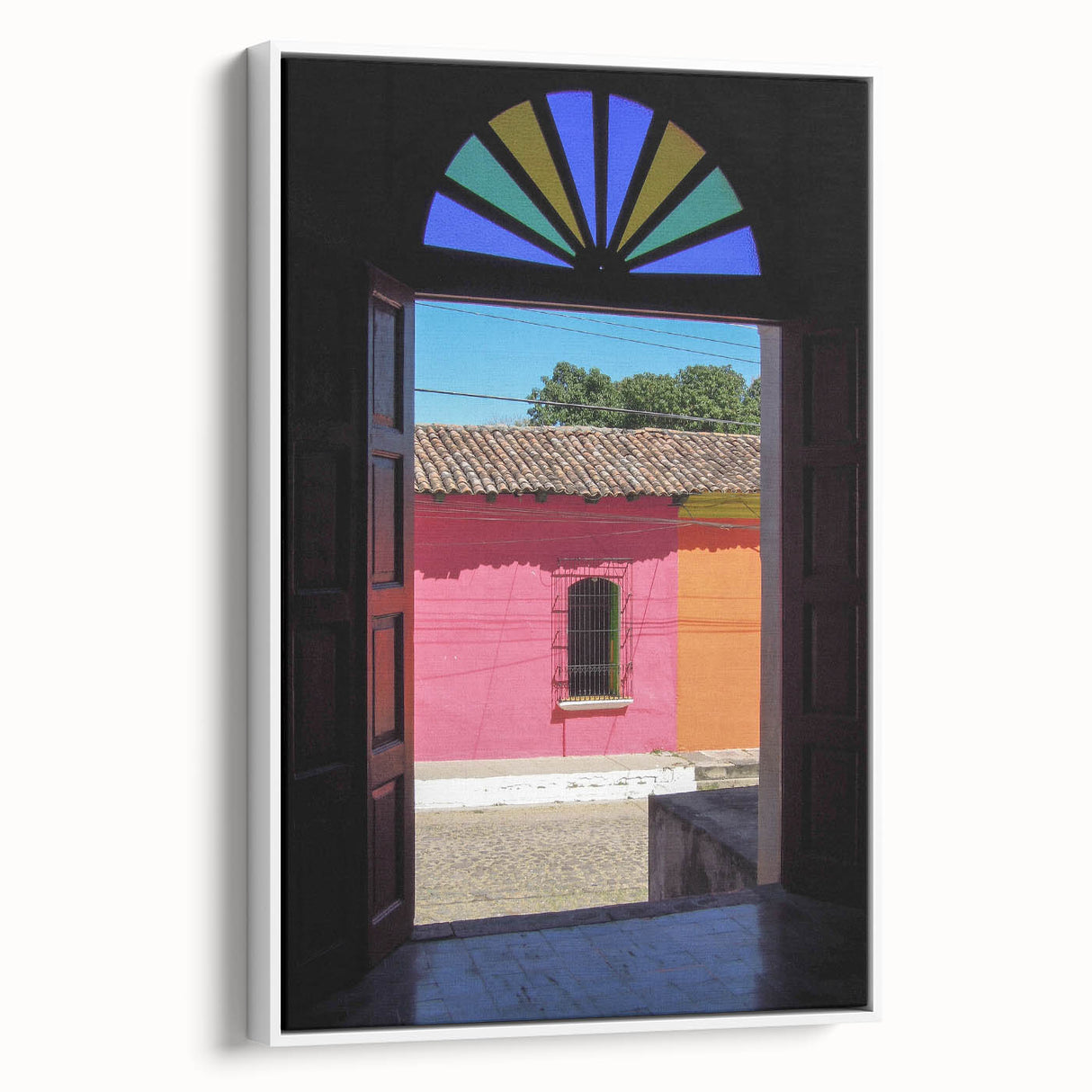 Vintage poster art of a Central American scenery on a framed canvas, featuring colorful art in extra large size.