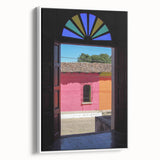 Vintage poster art of a Central American scenery on a framed canvas, featuring colorful art in extra large size.