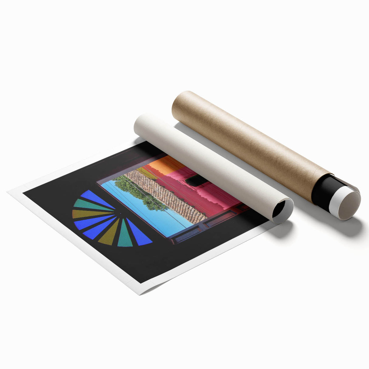 Rolled print of El Salvador scenery with vibrant floral elements in shades of green and blue.