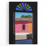 Black and white stretched canvas of a Central American scenery, ideal for kitchen wall art.