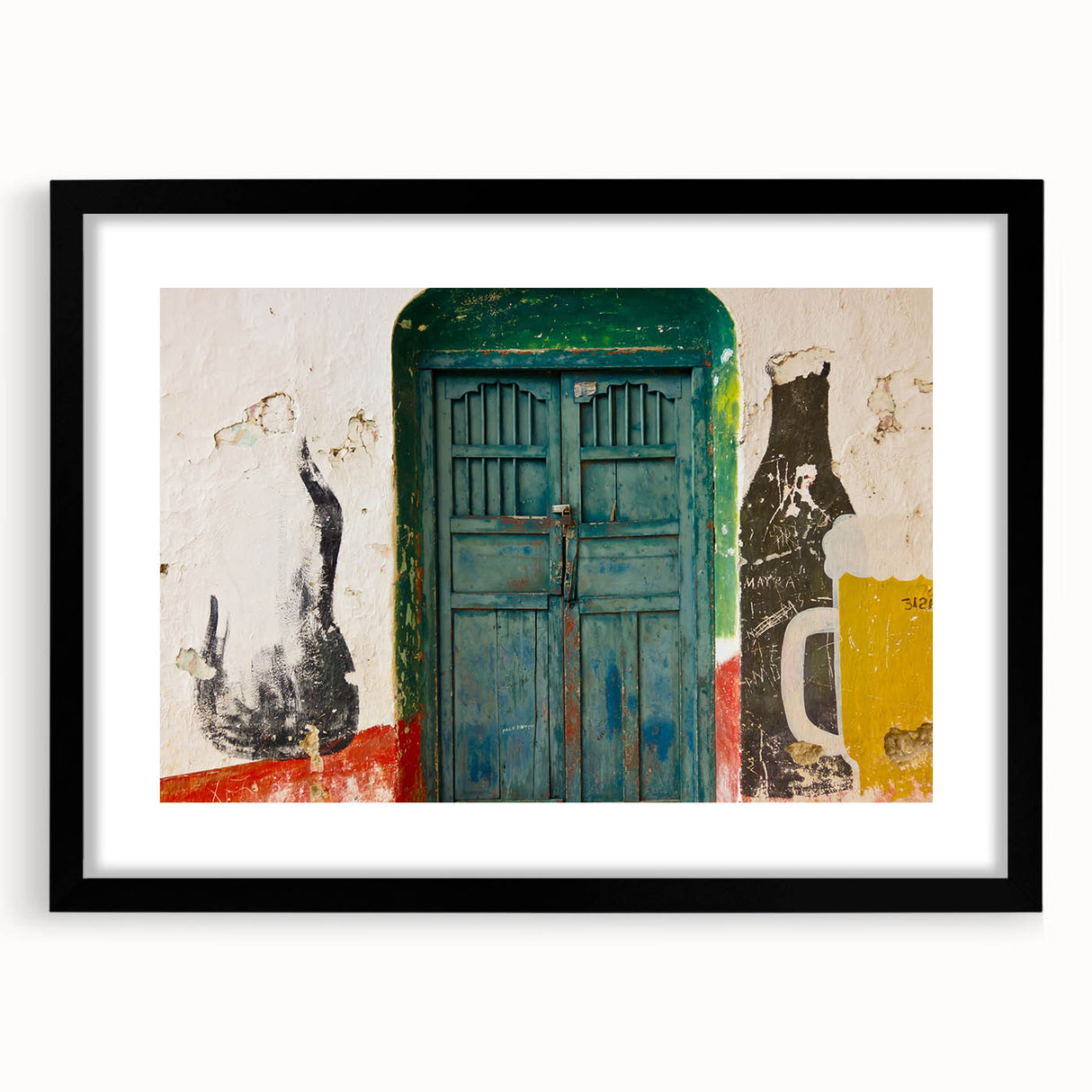 Colorful abstract art print of Central America scenery in vibrant shades, framed in black.