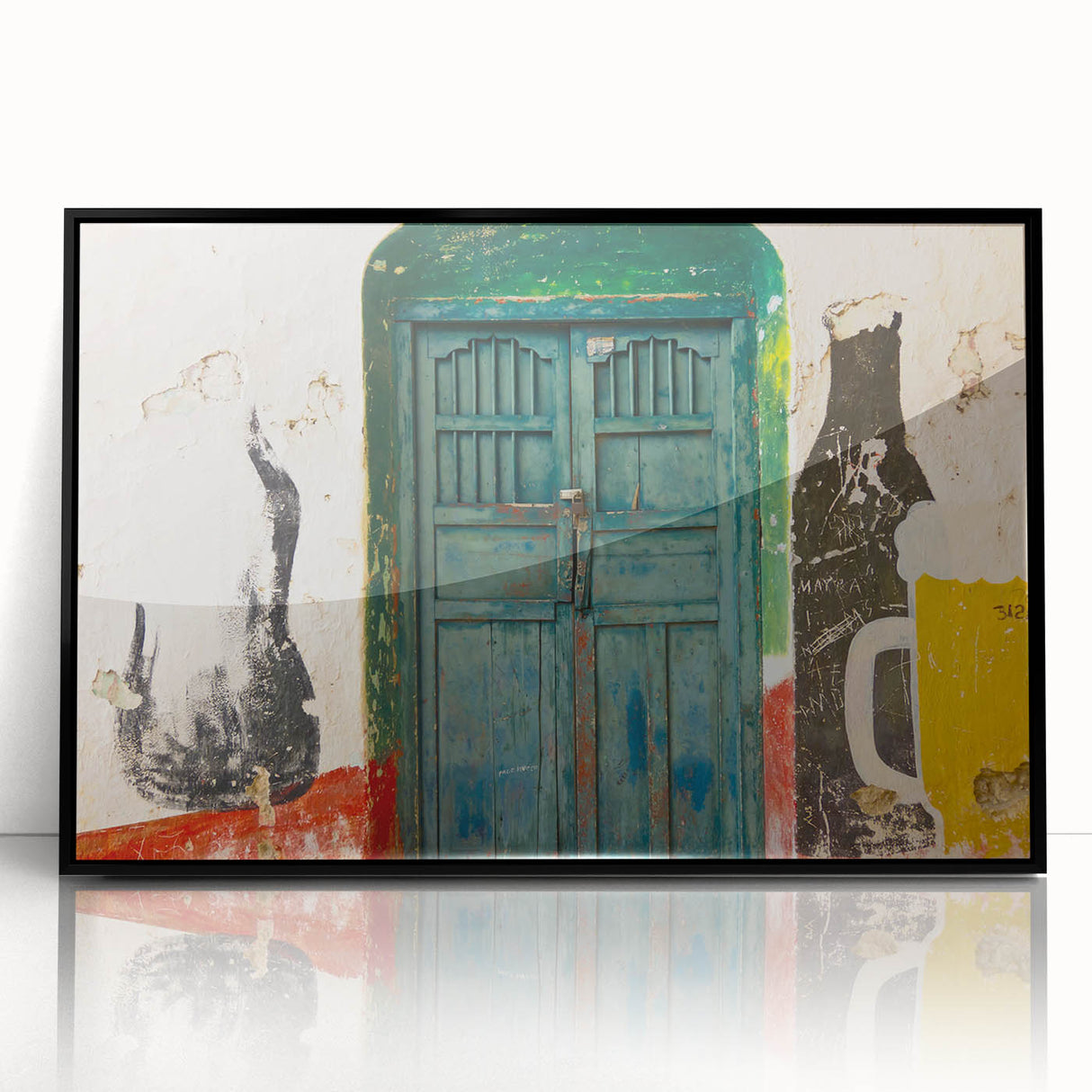 Large abstract wall art depicting a vibrant Central American scenery in a black framed acrylic.