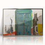 Mid-century modernist art depicting a Central American scenery in vibrant colors, framed in silver acrylic.