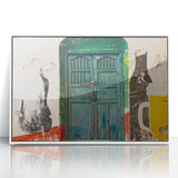 Art deco poster of Central American scenery in muted green and blue tones, framed in white acrylic.