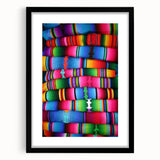 Extra large abstract art print of a colorful Central American scenery on textured canvas, framed in black.