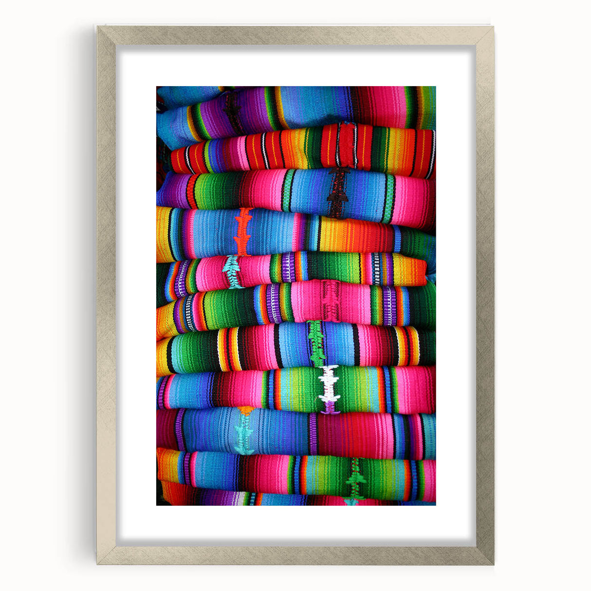 Textured abstract art print of Central American scenery in muted earth tones, framed with a silver mat.