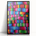 Large abstract wall art of a Central American landscape in muted earth tones, framed in black acrylic.