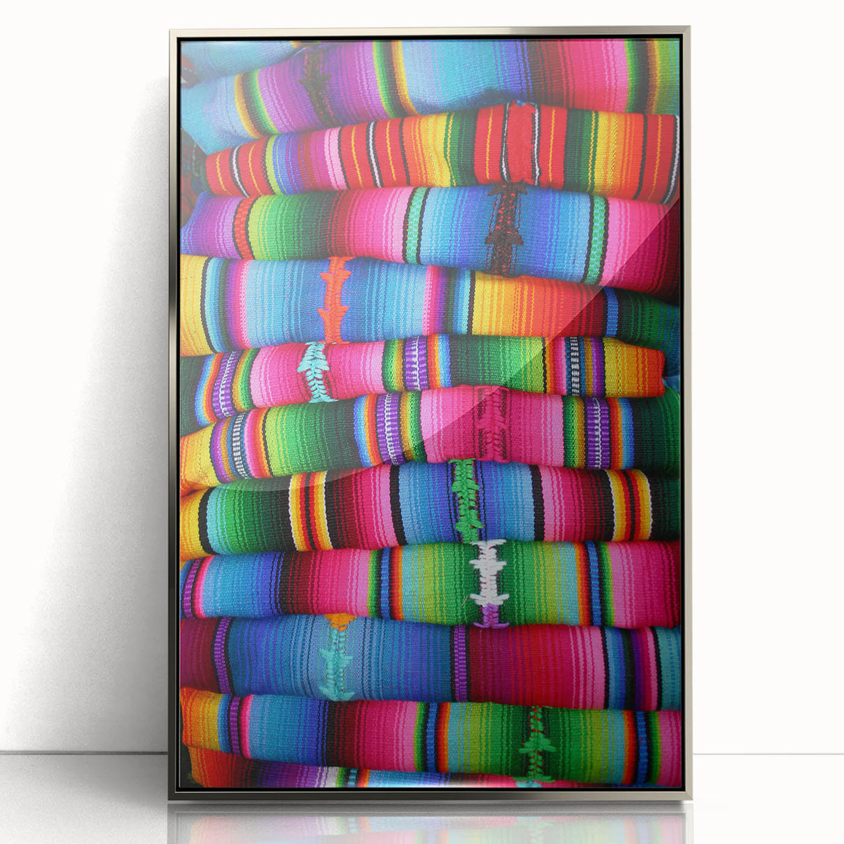 Mid-century modernist art depicting a Central American landscape in muted earth tones, framed in silver acrylic.