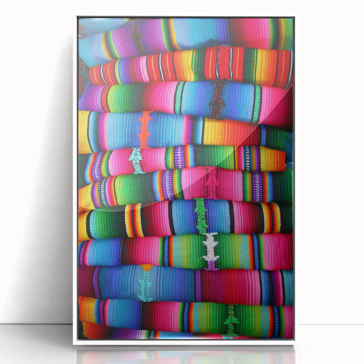 Acrylic print of a Central American landscape in art deco style, framed in white, suitable for modern nursery decor.