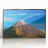 Large art print of a Nicaraguan landscape in gold frame, featuring mid-century modernist style.