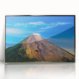 Mid-century modernist art depicting a serene Nicaraguan landscape in muted earth tones on a silver-framed acrylic print.