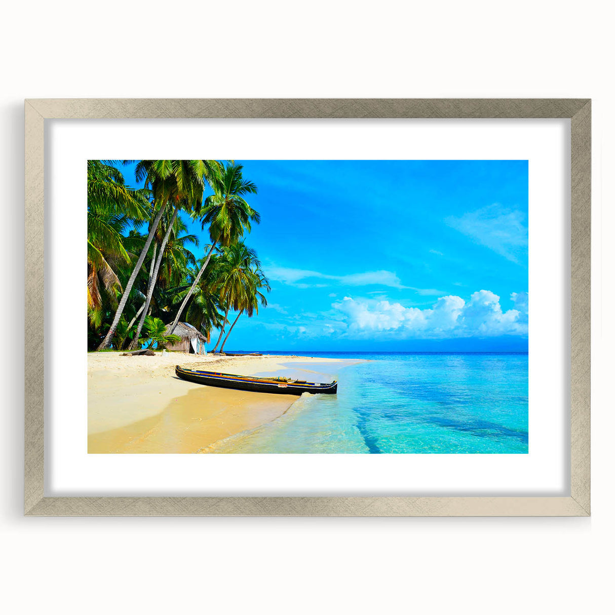 Textured abstract art print of Central America scenery in muted earth tones, framed in silver, ideal for bedroom decor.