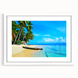 Abstract art print depicting a stylized Central American landscape in vibrant colors on a framed white mat.