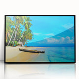 Large abstract wall art depicting a stylized Panama scenery in vibrant colors, framed in black acrylic.