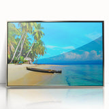 Mid-century modernist art depicting a Central American Panama scenery in muted earth tones, framed acrylic print.