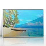 Art deco poster of a Panama scenery in muted blue and white tones, acrylic framed, ideal for modern nursery wall art.