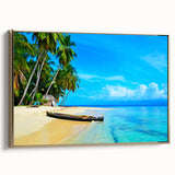 Framed canvas landscape art painting of Central America scenery in gold, black, and colorful tones.