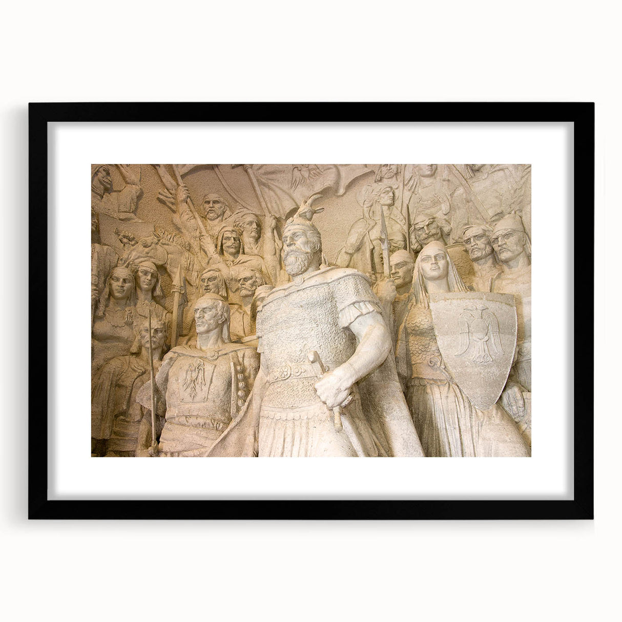 Abstract art print of a colorful European landscape on a textured, extra large canvas, framed in black.