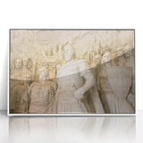 Mid-century modernist art depicting a European Albanian landscape in muted earth tones on a framed acrylic print.