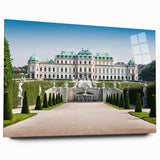 Acrylic print of a serene Austrian landscape in muted green and blue tones, ideal for bedroom or dining room art.