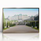 Art deco poster depicting a serene Austrian landscape, in muted gold tones, framed in acrylic.