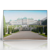 Mid-century modernist art depicting a serene Austrian landscape in muted earth tones on a framed acrylic.