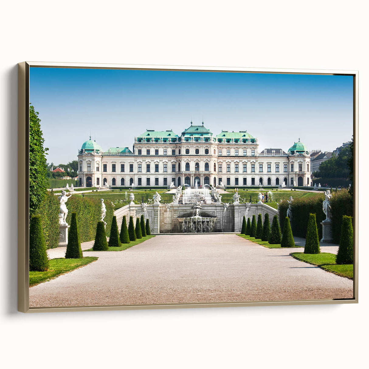 Framed canvas wall art depicting a vintage-style Austrian landscape in muted earth tones, ideal for bedroom decor.