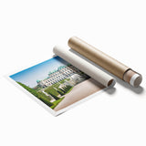 Extra large rolled print of an Austrian landscape with vibrant green fields and floral foreground.