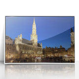 Mid-century modernist art depicting a European cityscape in muted colors on a framed acrylic, ideal for nursery wall decor.