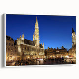 Vintage poster art of a scenic European landscape, featuring muted colorful tones on a framed canvas.