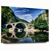 Large abstract wall art of European scenery in muted earth tones on acrylic glass, suitable for bedroom or dining room decor.