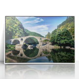 Art deco poster of a European scenery in Bulgaria, featuring muted earth tones on a white framed acrylic.