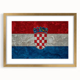 Abstract art print of a Croatian landscape in muted gold and blue tones, framed with a golden mat.