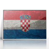 Mid-century modernist art depicting a Croatian landscape with muted green and blue tones on a framed acrylic.