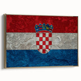 Framed canvas wall art depicting a vintage-style Croatian landscape in muted earth tones, ideal for bedroom decor.