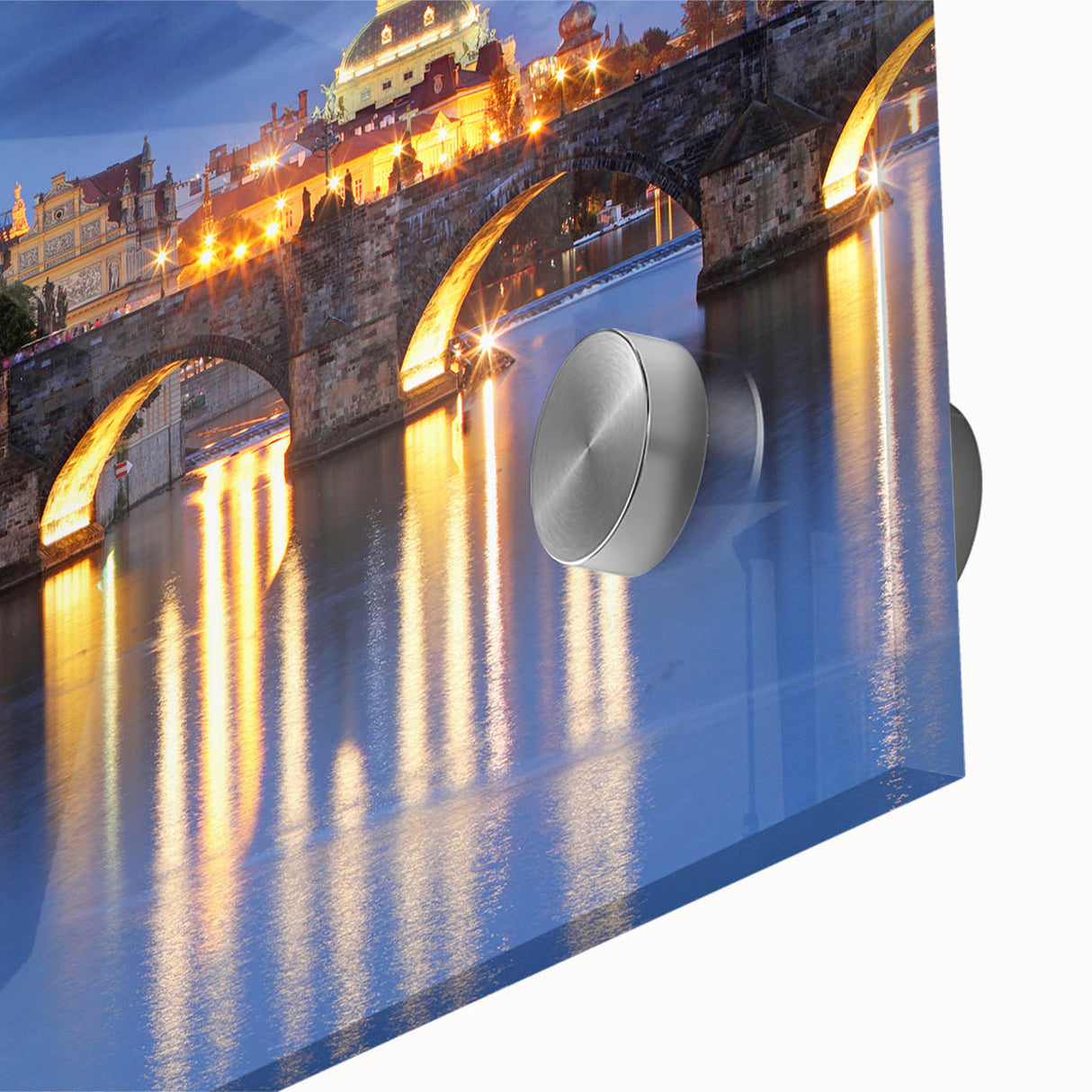 Large abstract depiction of Prague scenery in mid-century modernist style on acrylic glass, ideal for dining room art.