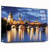 Acrylic print of Prague scenery with muted earth tones, ideal for dining room decor.