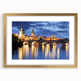 Abstract art print of Prague skyline in muted gold and blue tones on a framed canvas, ideal for dining room decor.