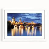 Textured art print of Prague with abstract elements in muted earth tones, framed in white, ideal for bedroom art.