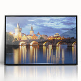 Large abstract wall art depicting Prague's cityscape in muted gray tones, framed in black acrylic.