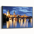 Black and white framed canvas of Prague landscape, featuring vintage poster art style, ideal for bedroom decor.