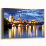 Framed canvas print of a vintage-style Prague landscape in black and gold tones, ideal for bedroom wall art.
