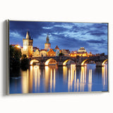 Framed canvas of a vintage Prague landscape in colorful art style, ideal for living room decor.