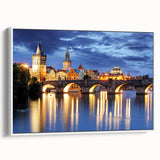 Vintage poster art of Prague skyline on extra large framed canvas, featuring colorful art in a black and white palette.
