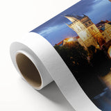 Art Deco style Prague scenery on rolled canvas, with muted earth tones, ideal for nursery wall art.
