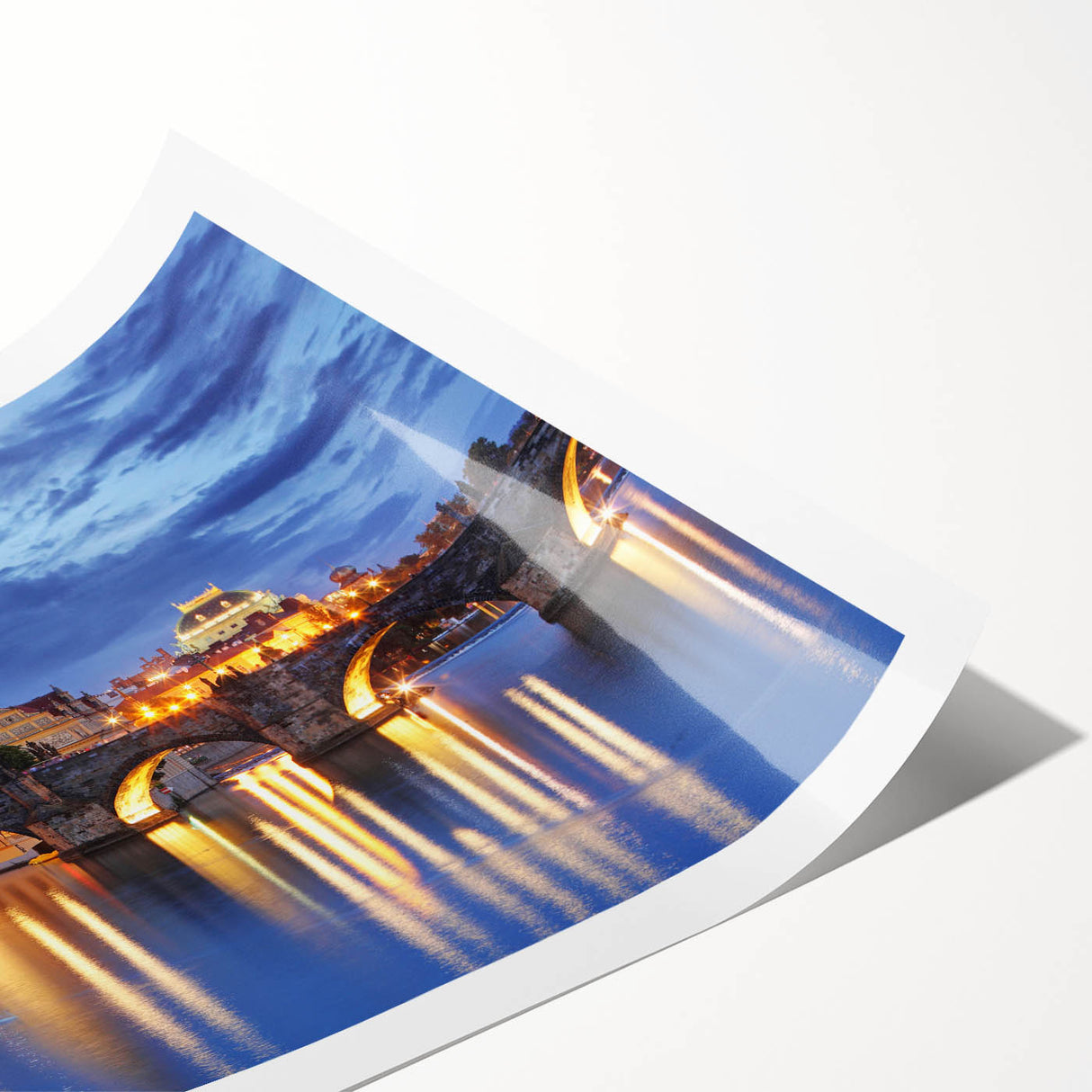 Extra large rolled print of line art flowers over a Prague scenery in muted earth tones.